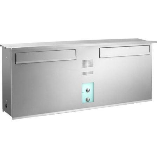 Briefkasten Likno 9001N KE und Klingel mitte, Entnahme hinten, Dach eckig RAL 9006 weialuminium