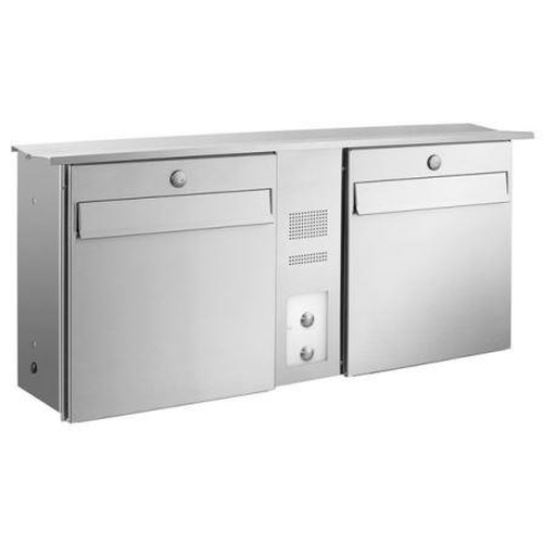 Briefkasten Likno 9001N KE und Klingel mitte, Entnahme vorn, Dach eckig RAL 9006 weialuminium