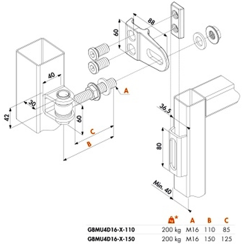 GBMU4D-B-M16-110-50-7016   | 4- fach verstellbares180 Torband RAL 7016 anthrazitgrau