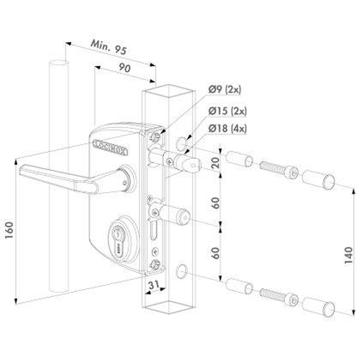 Industrieschloss LAKQU2 fr vierkantes 40 bis 60 mm Profil mit 3006D - Aluminium-Drckerpaar & Zylinder: VSZ - Verschiedenschlieend RAL 7016 anthrazitgrau